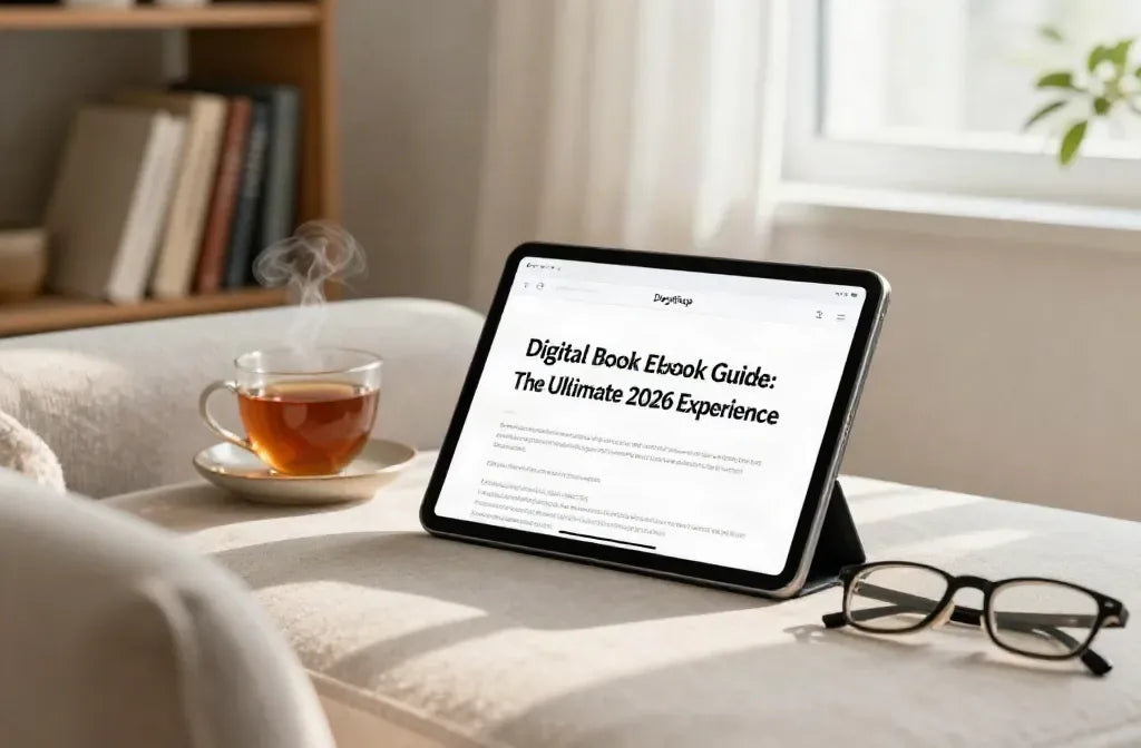 A tablet displaying an open digital ebook, a cozy reading nook with a soft armchair and a bookshelf — digital book ebook