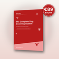 Red ebook cover featuring "The Complete Dog Coaching System" title and paw print designs, by DogyCoach.